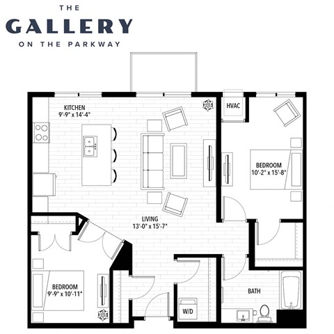 Floor plan for 2 beds, 1 bath, 1037 sqft